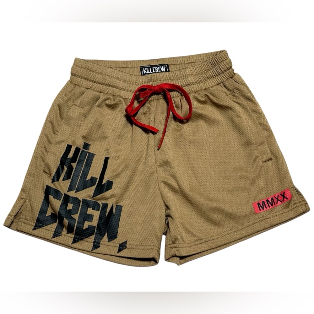 Kill Crew Tan Athletic Shorts with Black Logo and Red Drawstring